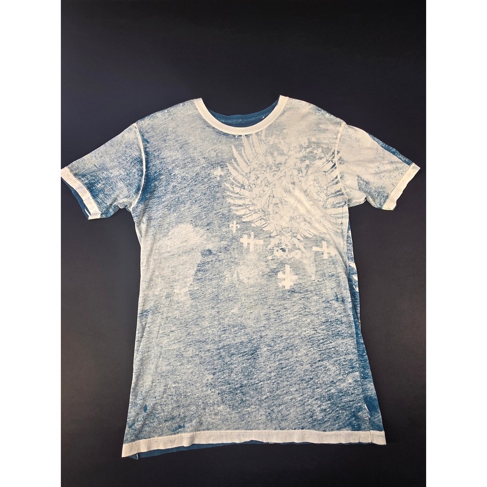 Archaic Affliction Mens Blue White Burnout Graphic T-Shirt MMA Wings Cross Med